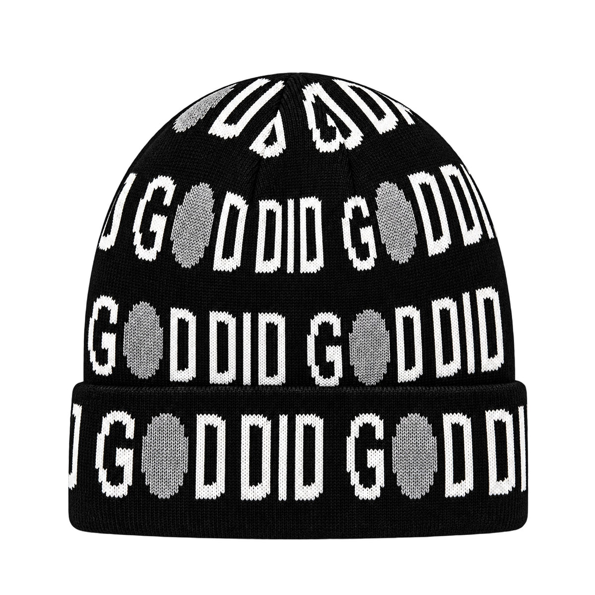 GOD DID black cuffed knit beanie with white wording