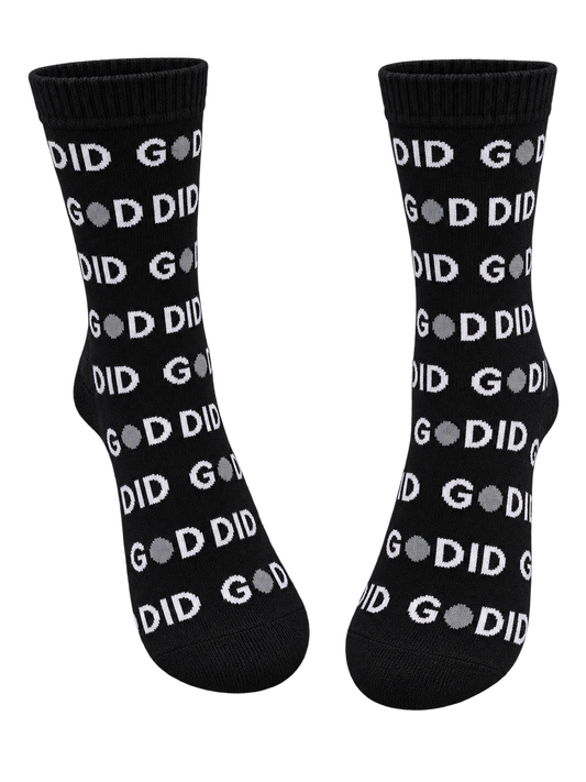 GOD DID black crew socks with white lettering, upright product view