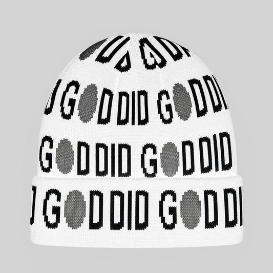 GOD DID white cuffed knit beanie with black wording