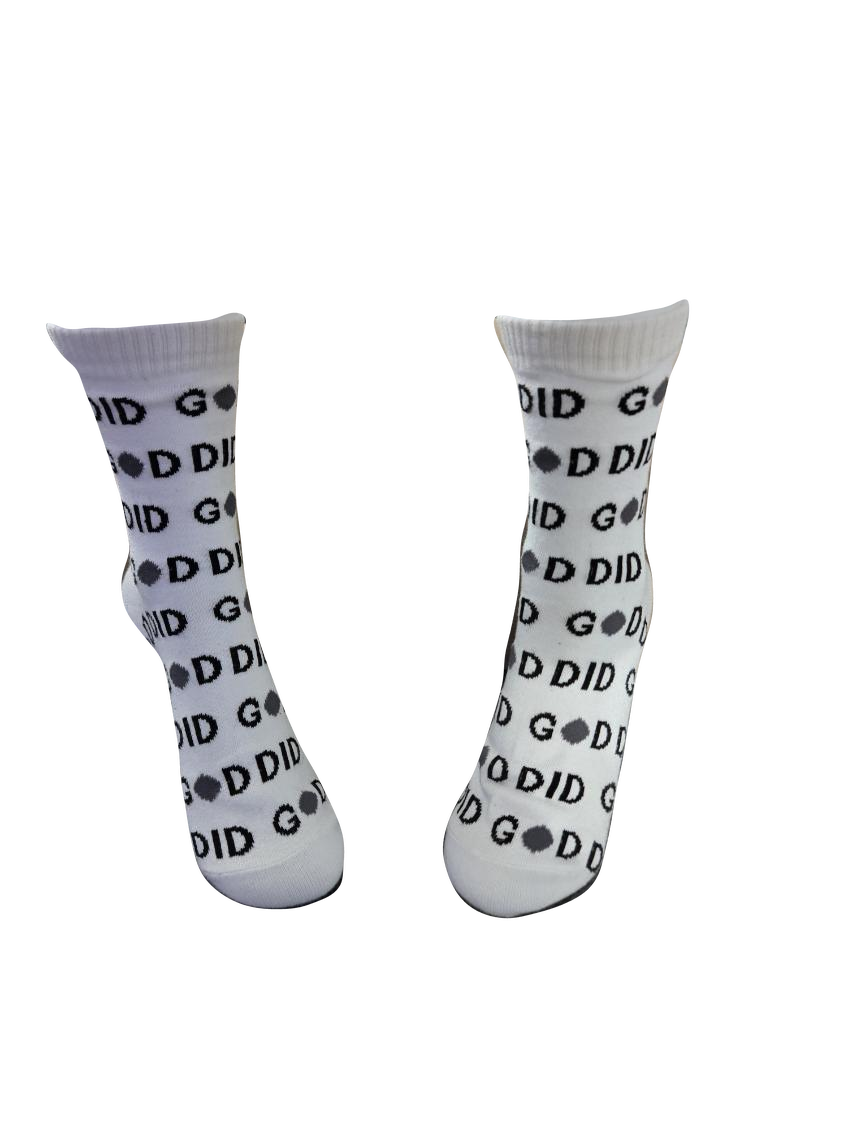 GOD DID white crew socks with black lettering, upright product view
