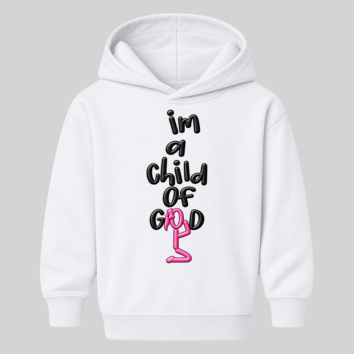 I’M A CHILD OF GOD kids hoodie White front — Ponytail, EMBOSS