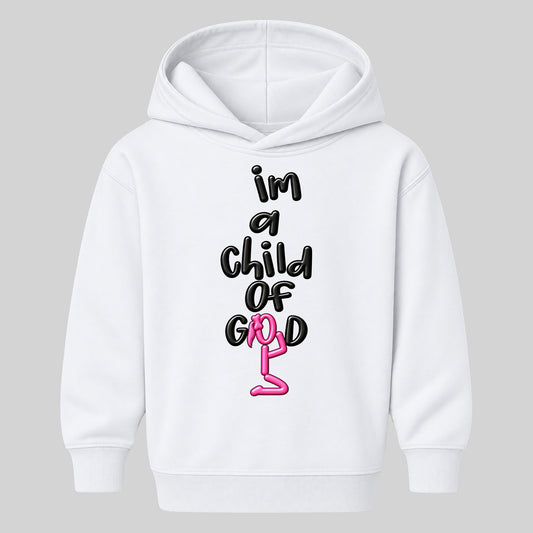I’M A CHILD OF GOD kids hoodie White front — Ponytail, EMBOSS