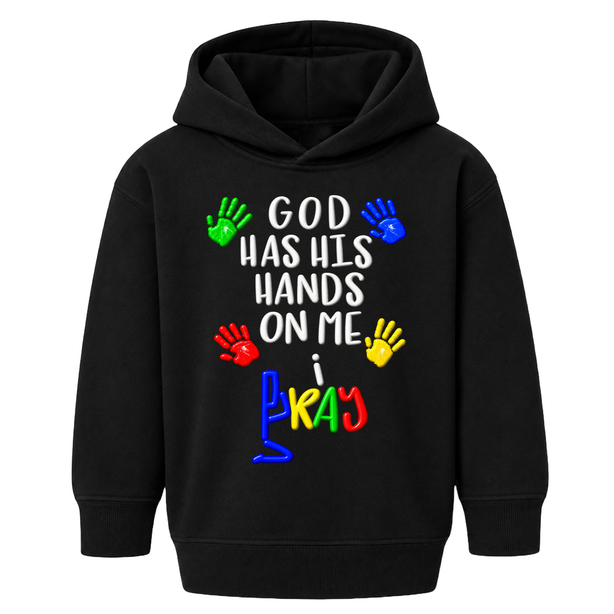 GOD HAS HIS HANDS ON ME kids hoodie BLACK front — Original, EMBOSS