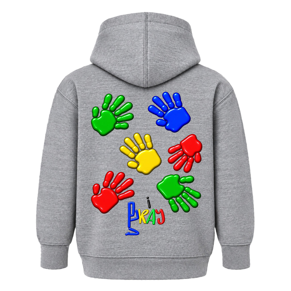 GOD HAS HIS HANDS ON ME kids hoodie Heather Gray back — Original, EMBOSS