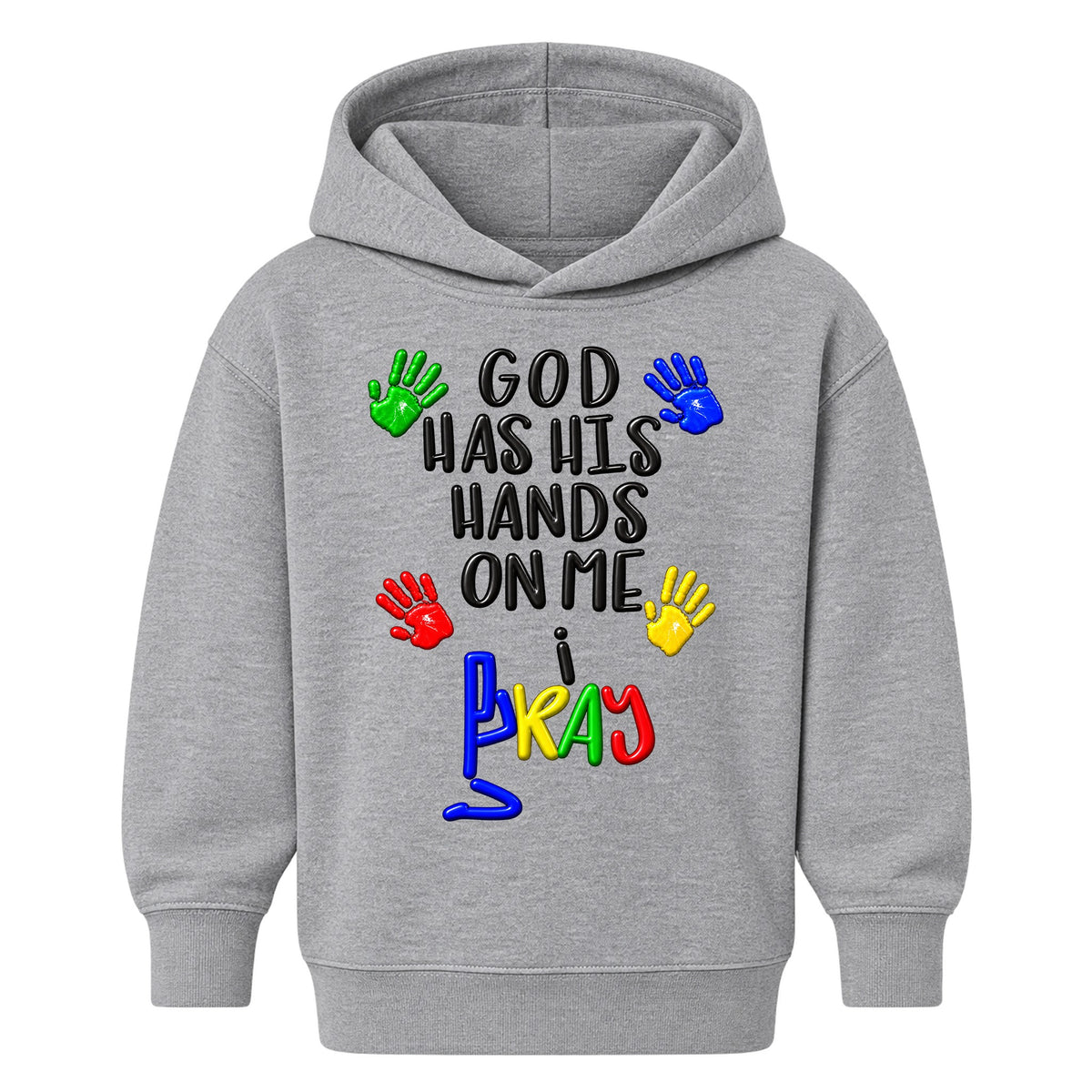 GOD HAS HIS HANDS ON ME kids hoodie Heather Gray front — Original, EMBOSS