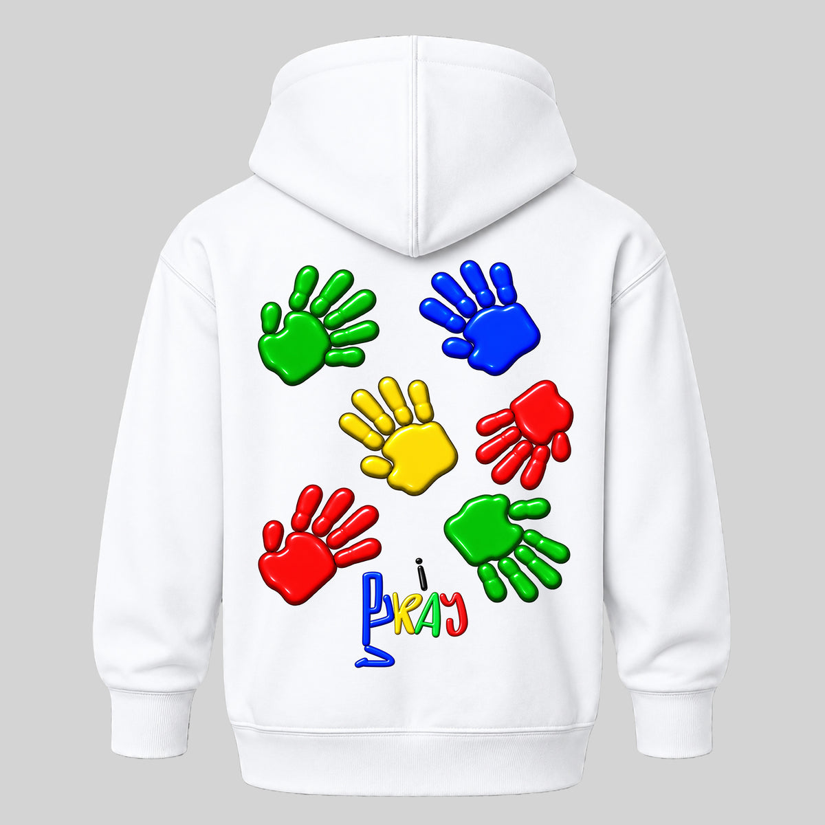 GOD HAS HIS HANDS ON ME kids hoodie WHITE back — Original, EMBOSS