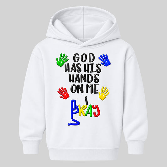 GOD HAS HIS HANDS ON ME kids hoodie WHITE front — Original, EMBOSS