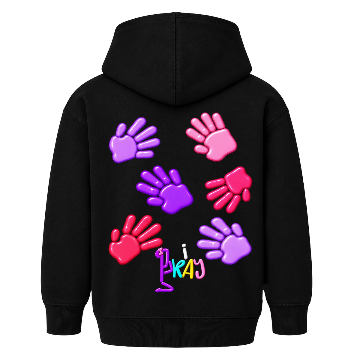 GOD HAS HIS HANDS ON ME kids hoodie BLACK back — Bun, EMBOSS