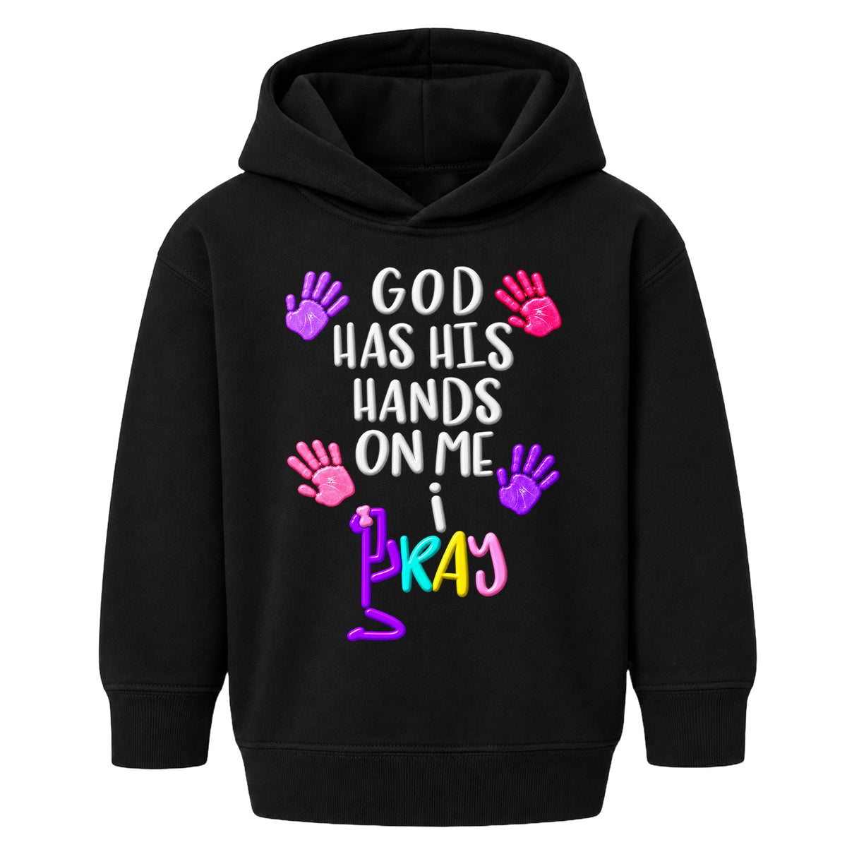 GOD HAS HIS HANDS ON ME kids hoodie BLACK front — Bun, EMBOSS