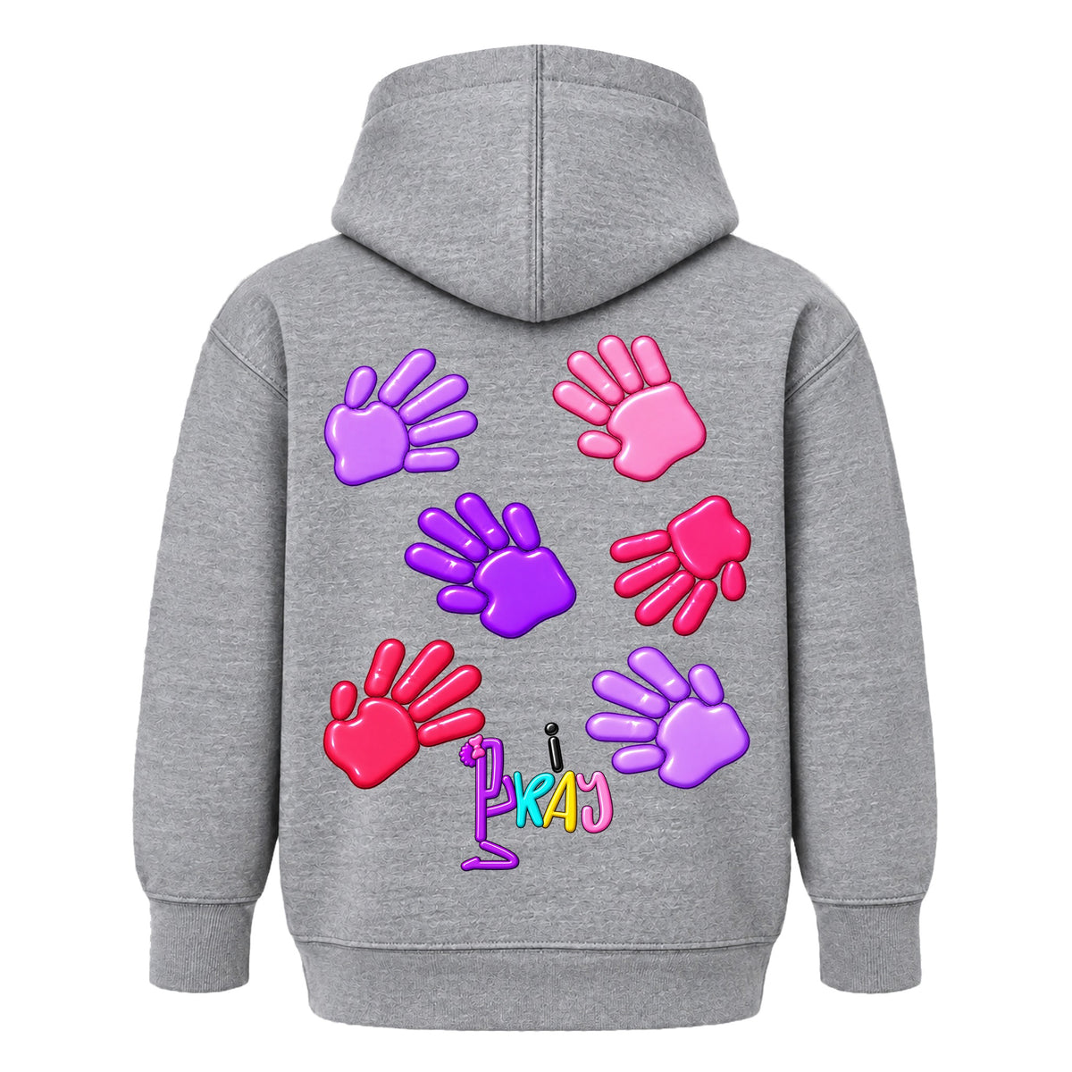GOD HAS HIS HANDS ON ME kids hoodie Heather Gray back — Bun, EMBOSS