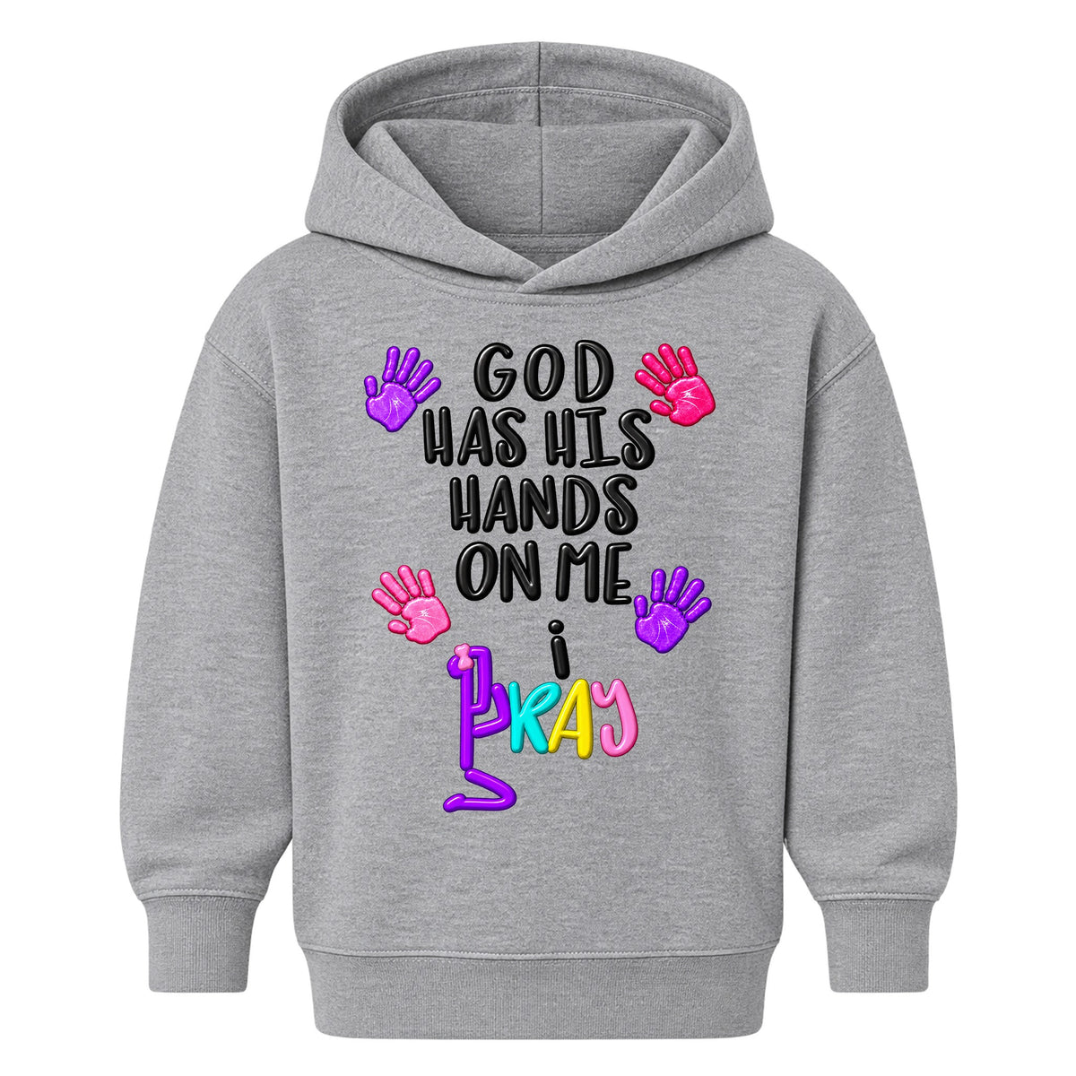 GOD HAS HIS HANDS ON ME kids hoodie Heather Gray front — Bun, EMBOSS