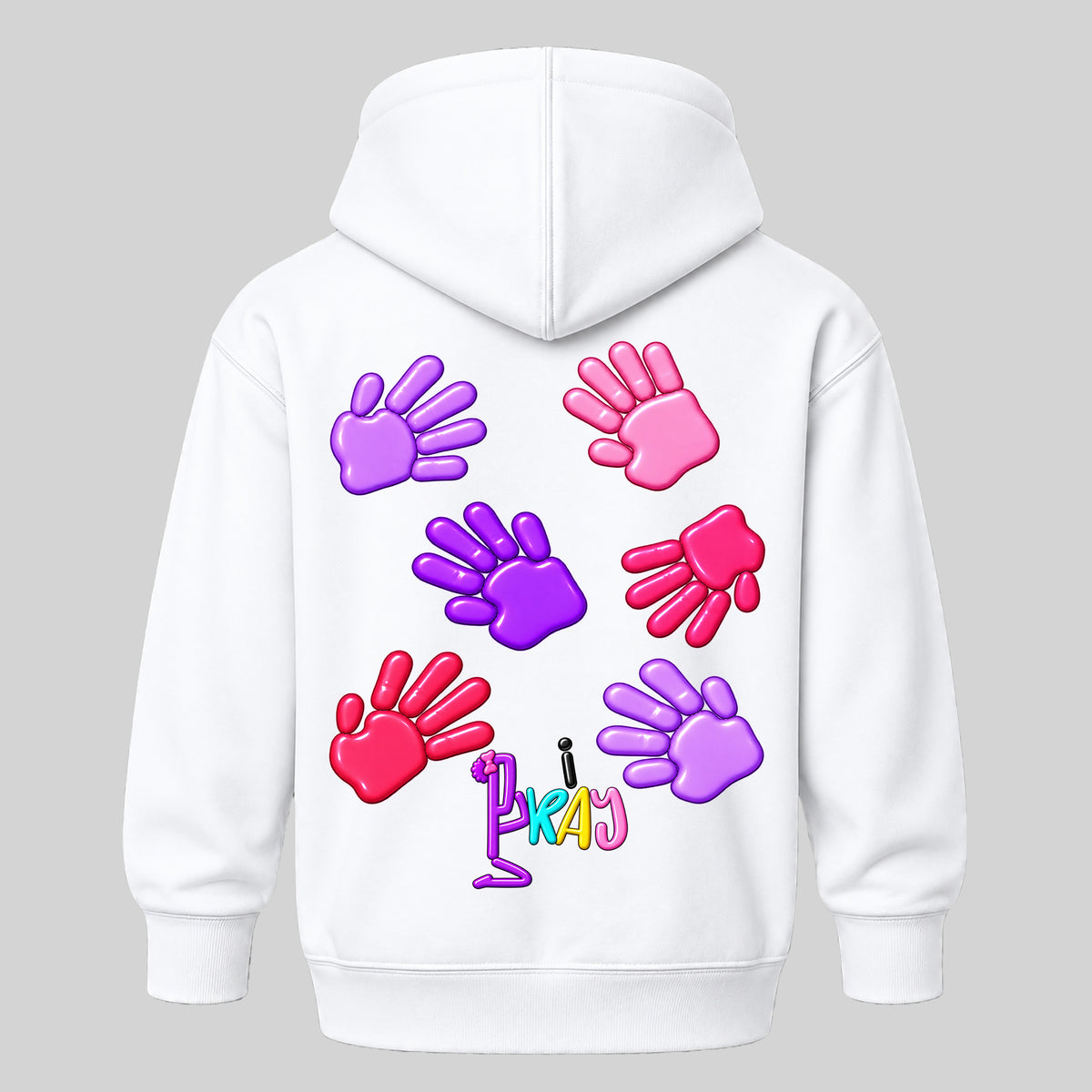 GOD HAS HIS HANDS ON ME kids hoodie WHITE back — Bun, EMBOSS