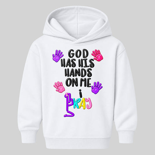 GOD HAS HIS HANDS ON ME kids hoodie WHITE front — Bun, EMBOSS