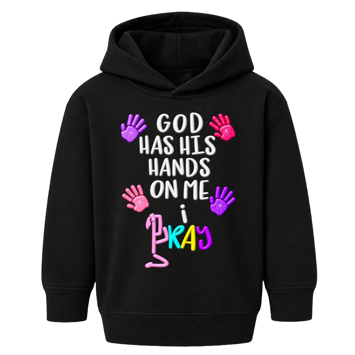 GOD HAS HIS HANDS ON ME kids hoodie BLACK front — Ponytail, EMBOSS