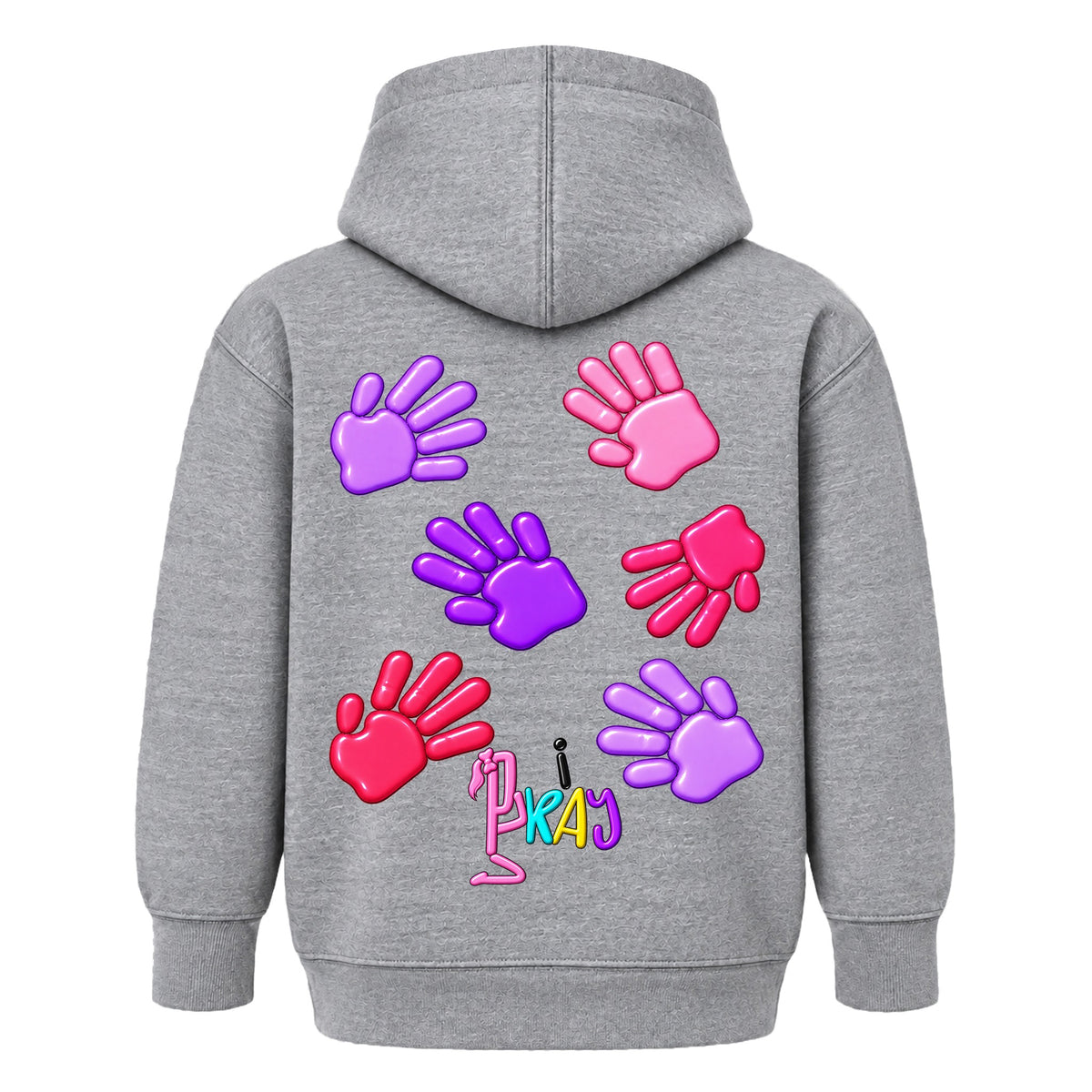 GOD HAS HIS HANDS ON ME kids hoodie Heather Gray back — Ponytail, EMBOSS