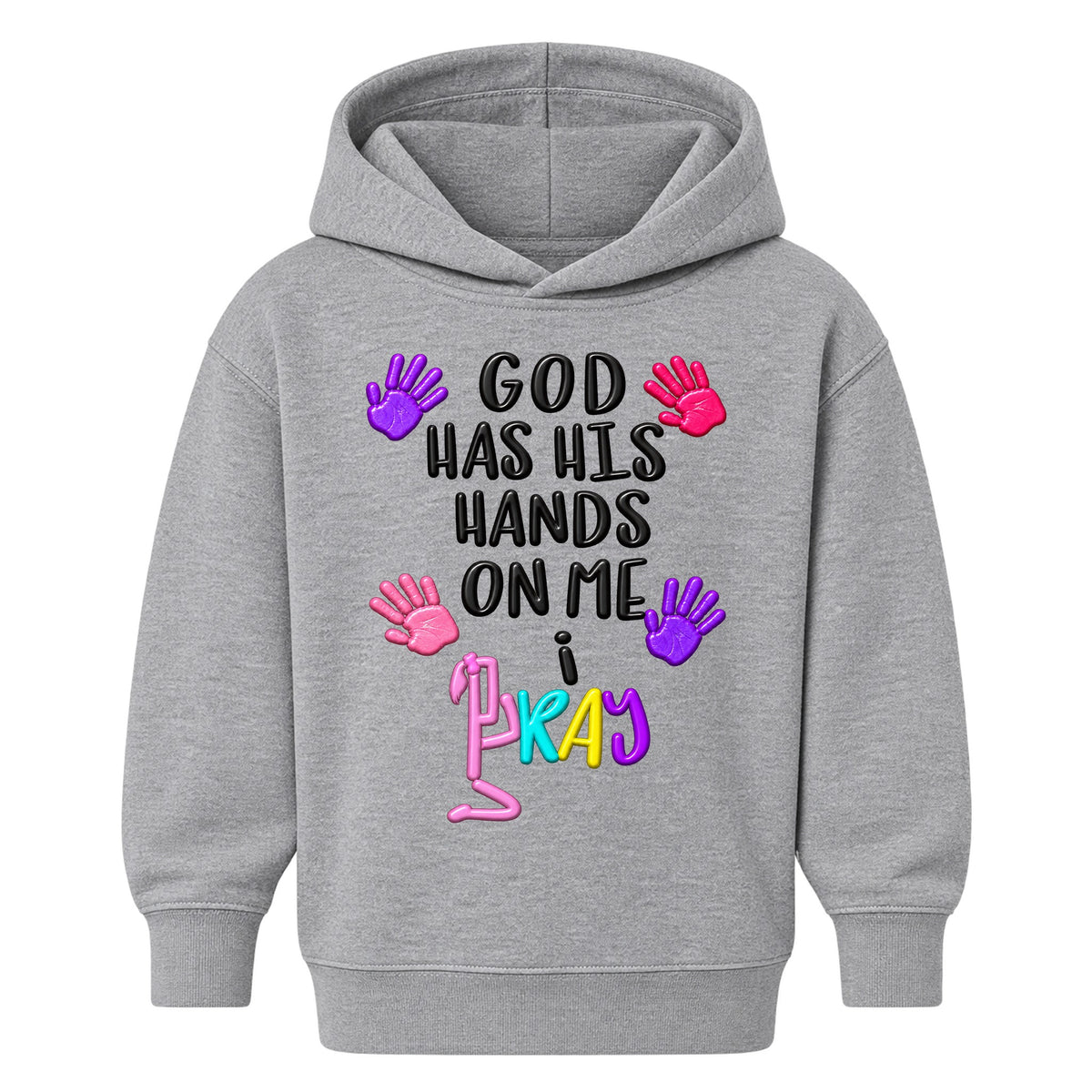 GOD HAS HIS HANDS ON ME kids hoodie Heather Gray front — Ponytail, EMBOSS