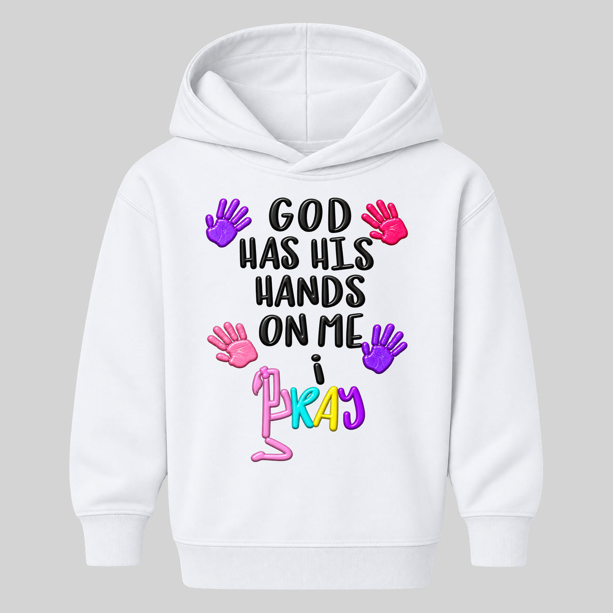 GOD HAS HIS HANDS ON ME kids hoodie WHITE front — Ponytail, EMBOSS