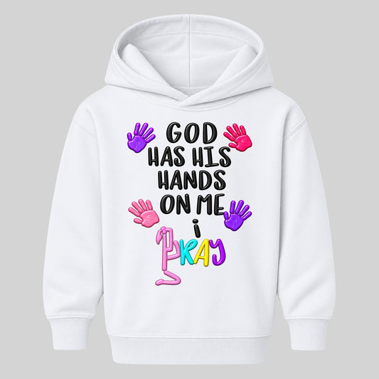 GOD HAS HIS HANDS ON ME kids hoodie WHITE front — Ponytail, EMBOSS