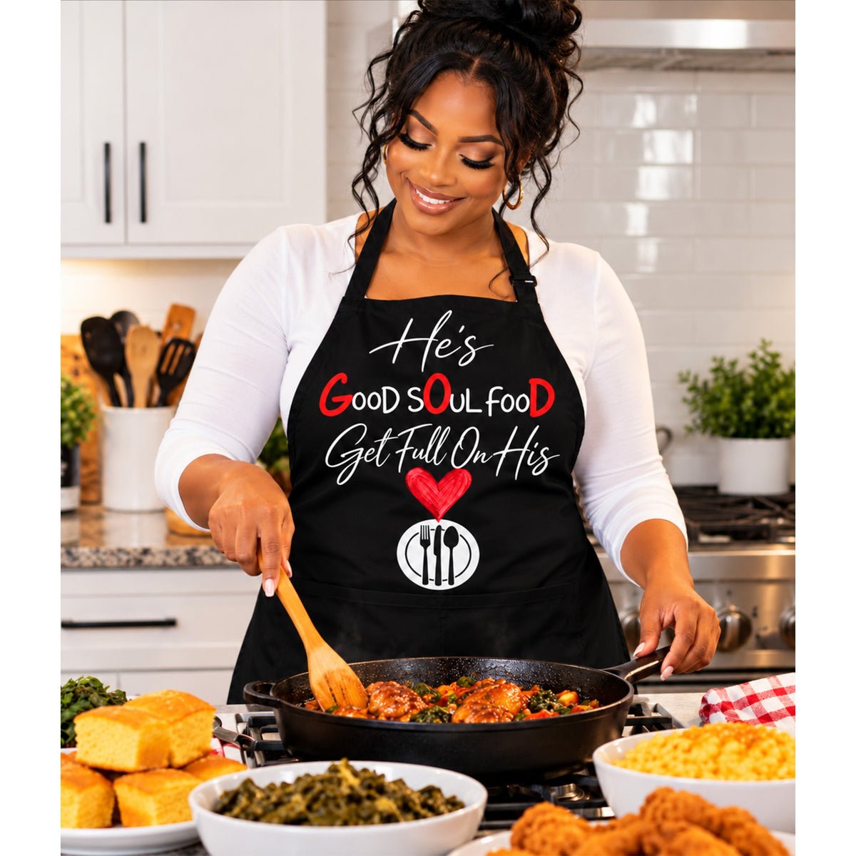 Woman cooking while wearing the Look Up Pray Up HE'S GOOD SOUL FOOD apron