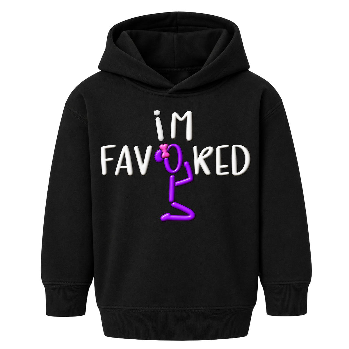 I'M FAVORED kids hoodie Black front — Bun profile, new approved image
