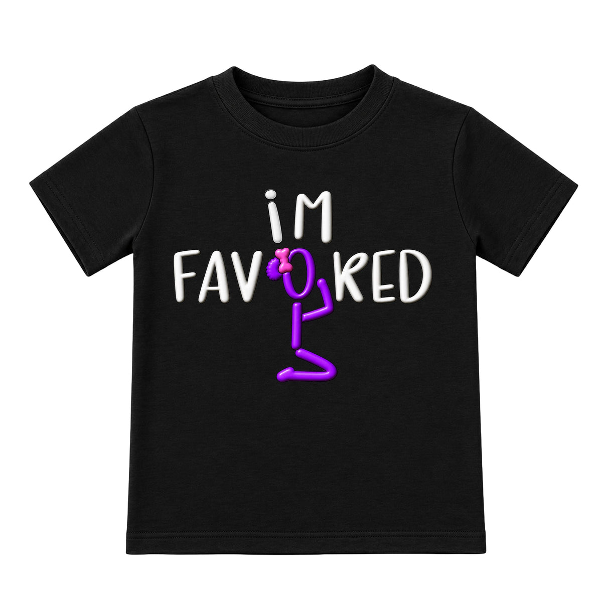 I'M FAVORED kids t-shirt Black front — Bun profile, new approved image