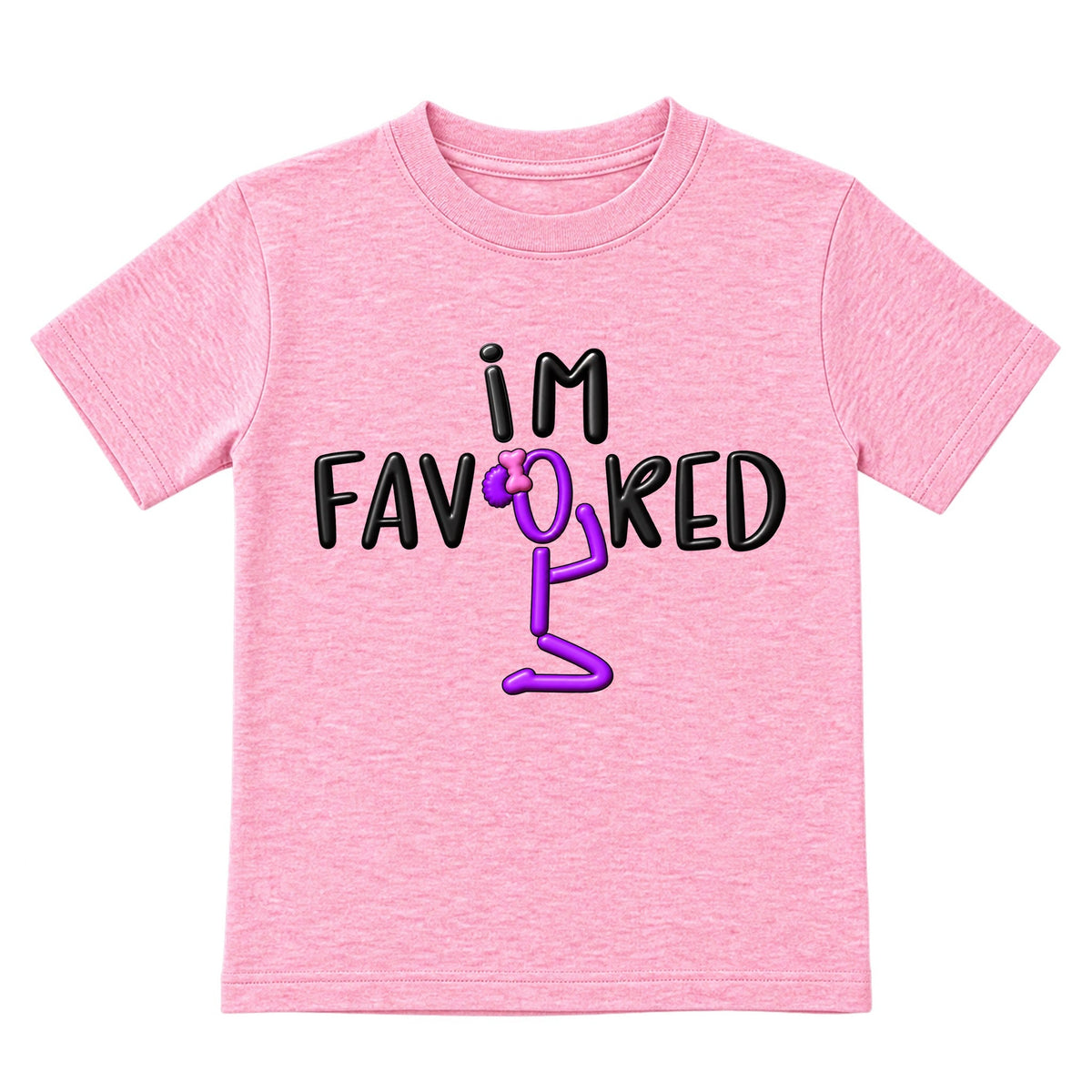I'M FAVORED kids t-shirt Cotton Candy Pink front — Bun profile, new approved image