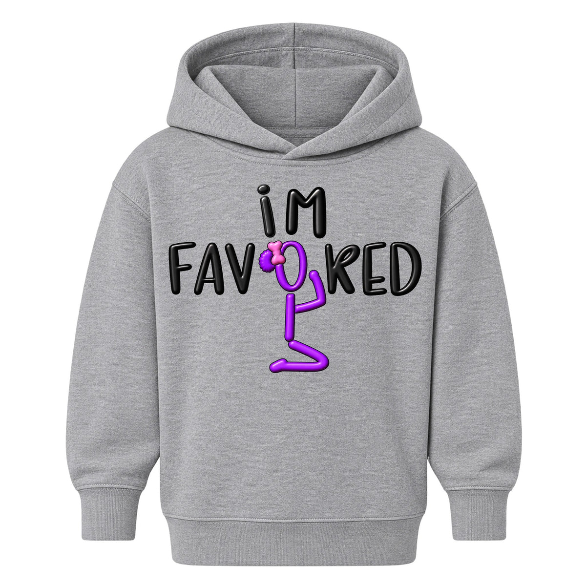 I'M FAVORED kids hoodie Heather Gray front — Bun profile, new approved image