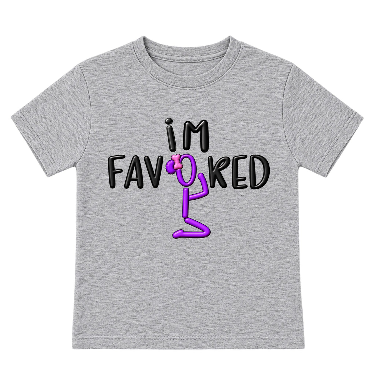 I'M FAVORED kids t-shirt Heather Gray front — Bun profile, new approved image