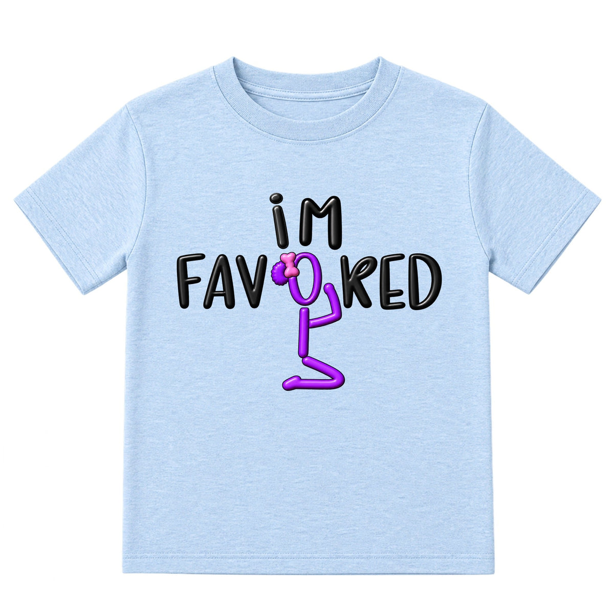 I'M FAVORED kids t-shirt Ice Blue front — Bun profile, new approved image