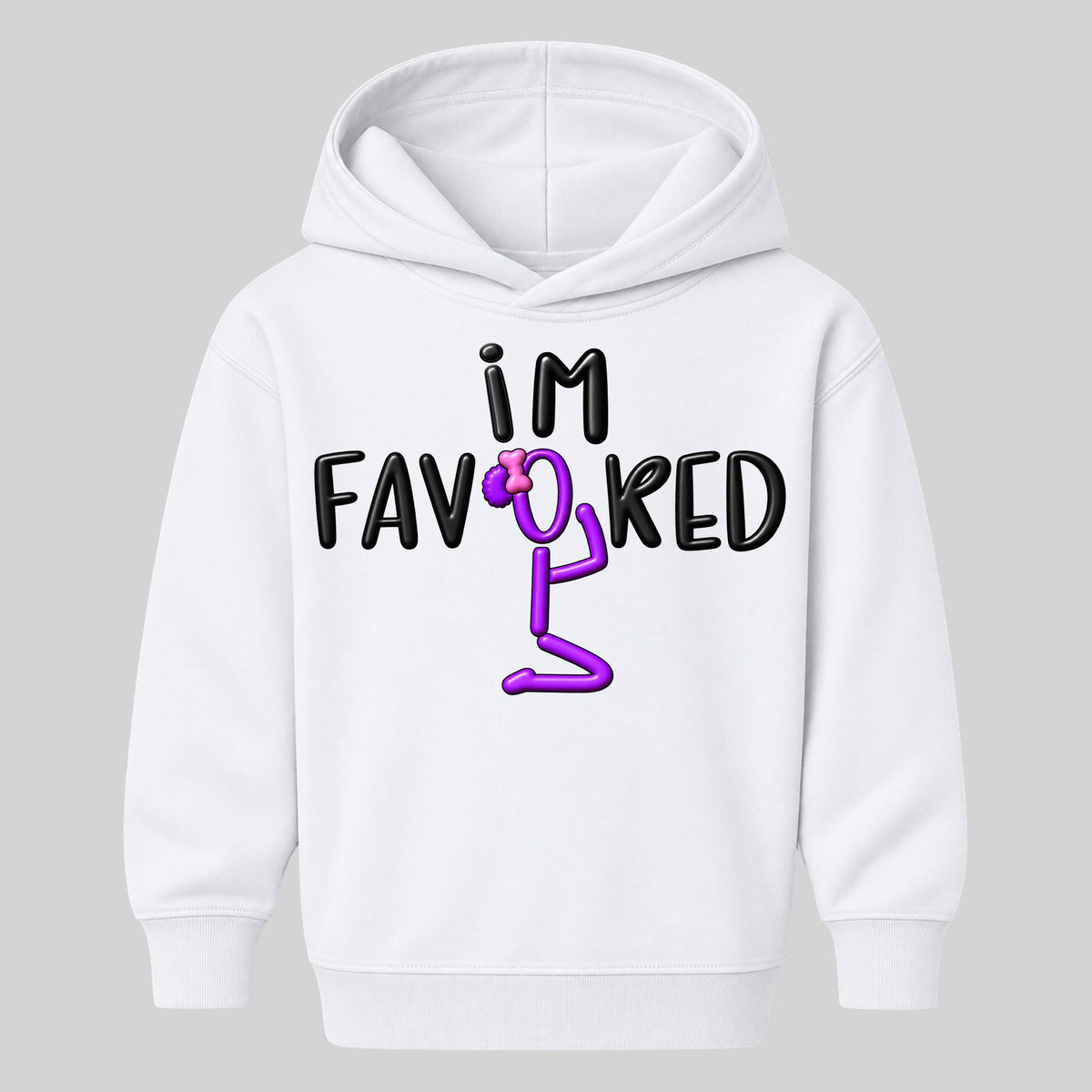 I'M FAVORED kids hoodie White front — Bun profile, new approved image