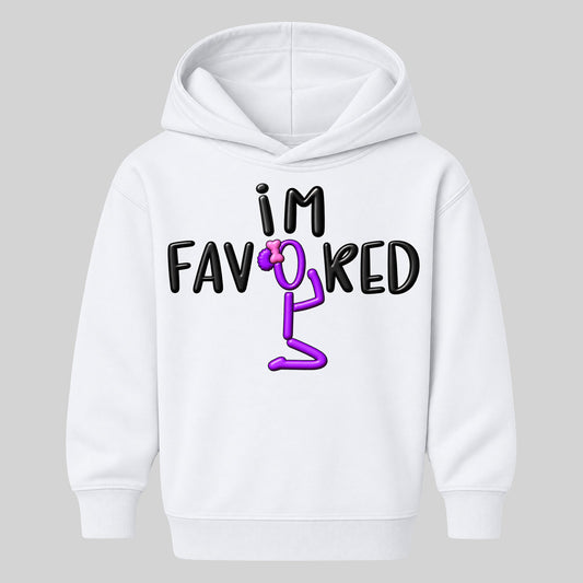 I'M FAVORED kids hoodie White front — Bun profile, new approved image