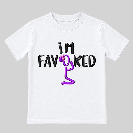 I'M FAVORED kids t-shirt White front — Bun profile, new approved image
