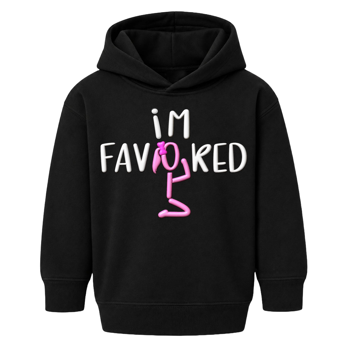 I'M FAVORED kids hoodie Black front — Ponytail profile, new approved image