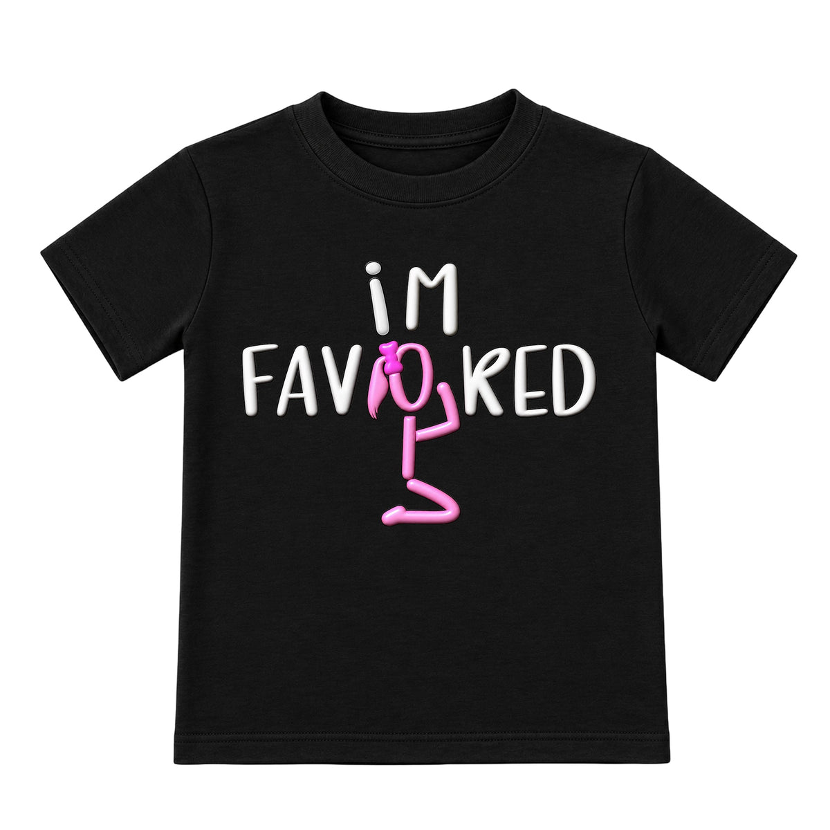 I'M FAVORED kids t-shirt Black front — Ponytail profile, new approved image