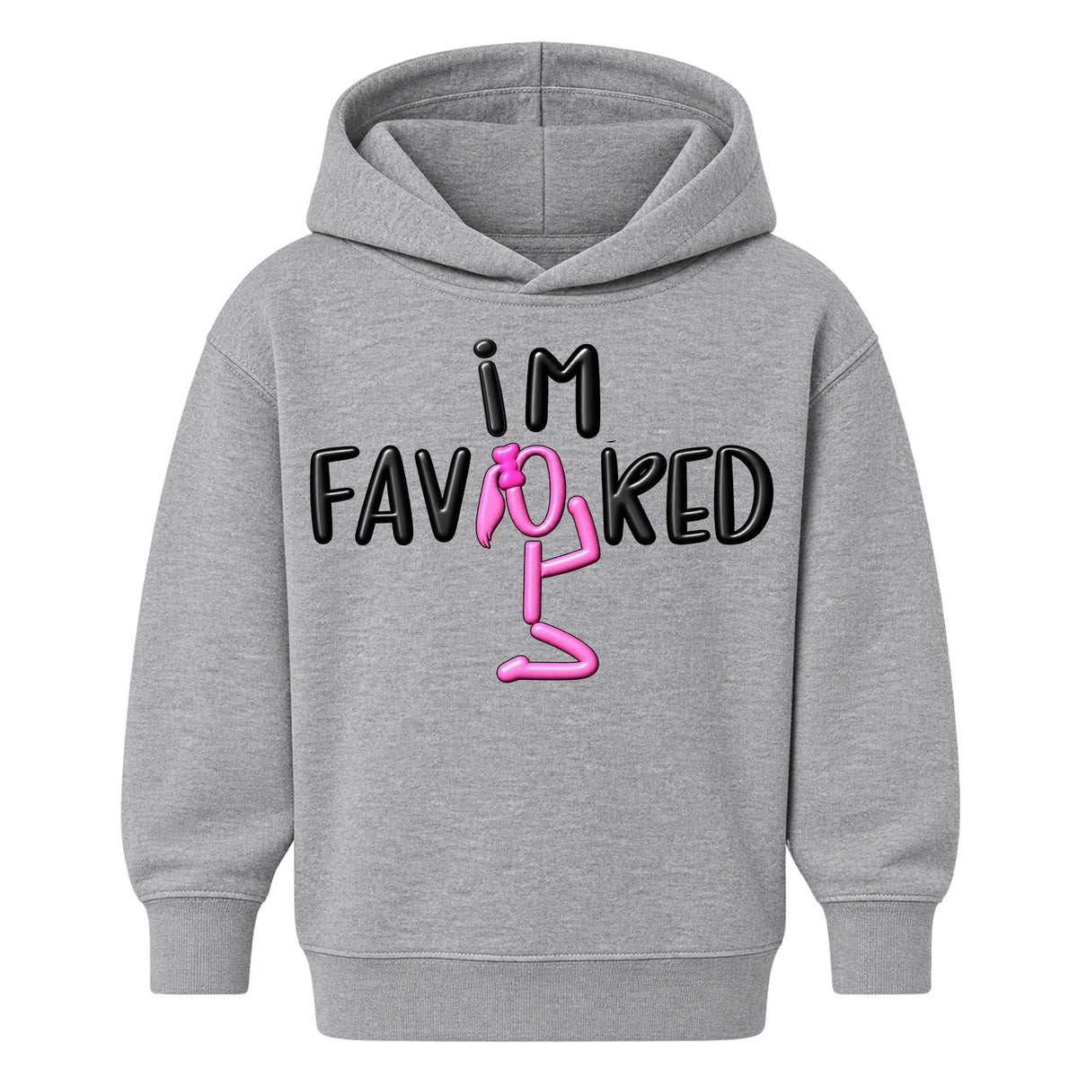 I'M FAVORED kids hoodie Heather Gray front — Ponytail profile, new approved image