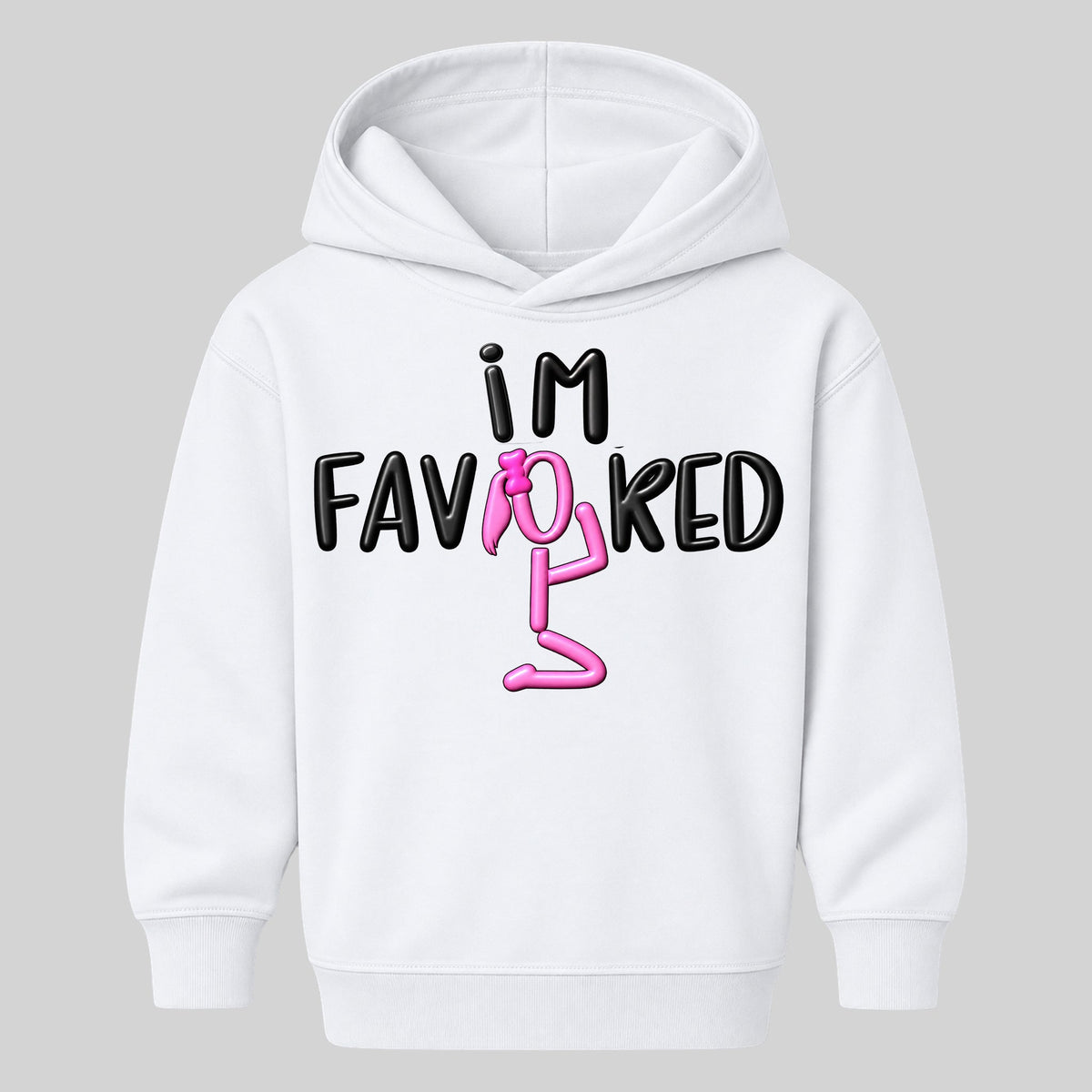 I'M FAVORED kids hoodie White front — Ponytail profile, new approved image