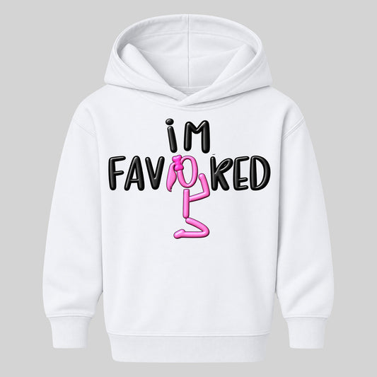 I'M FAVORED kids hoodie White front — Ponytail profile, new approved image