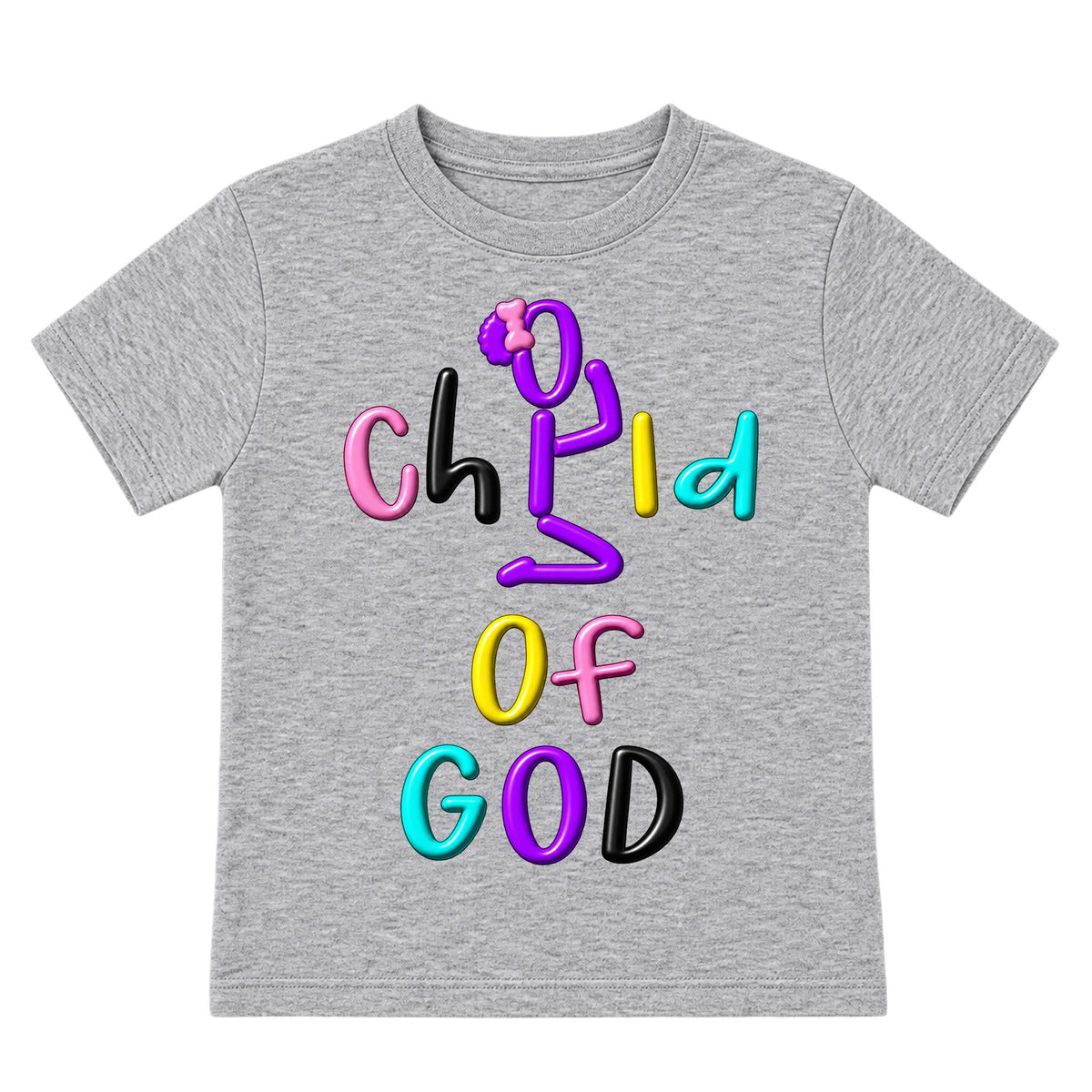 CHILD OF GOD kids T-shirt Heather Gray front, Bun profile, EMBOSS
