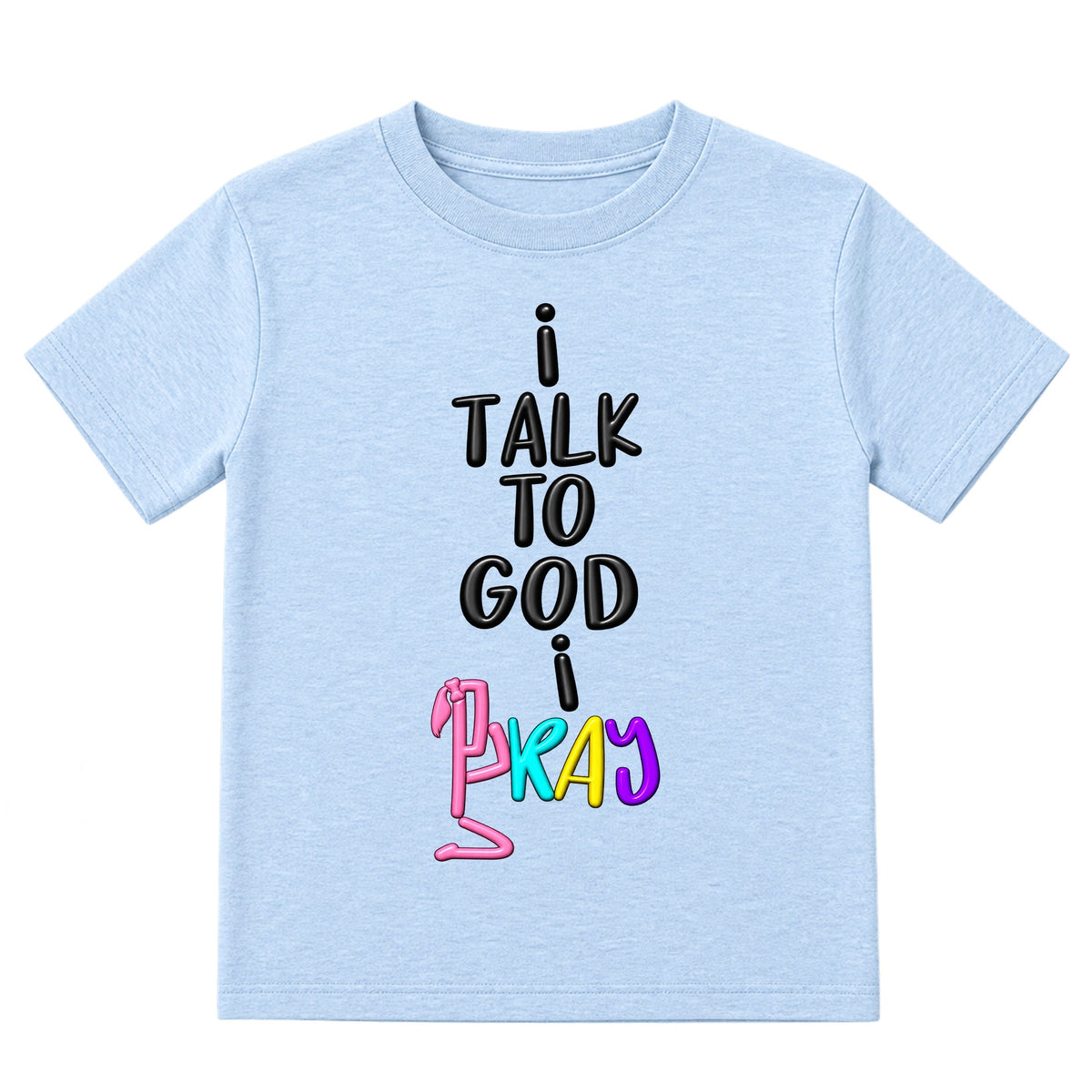 I TALK TO GOD kids T-shirt Ice Blue front, Ponytail profile, EMBOSS
