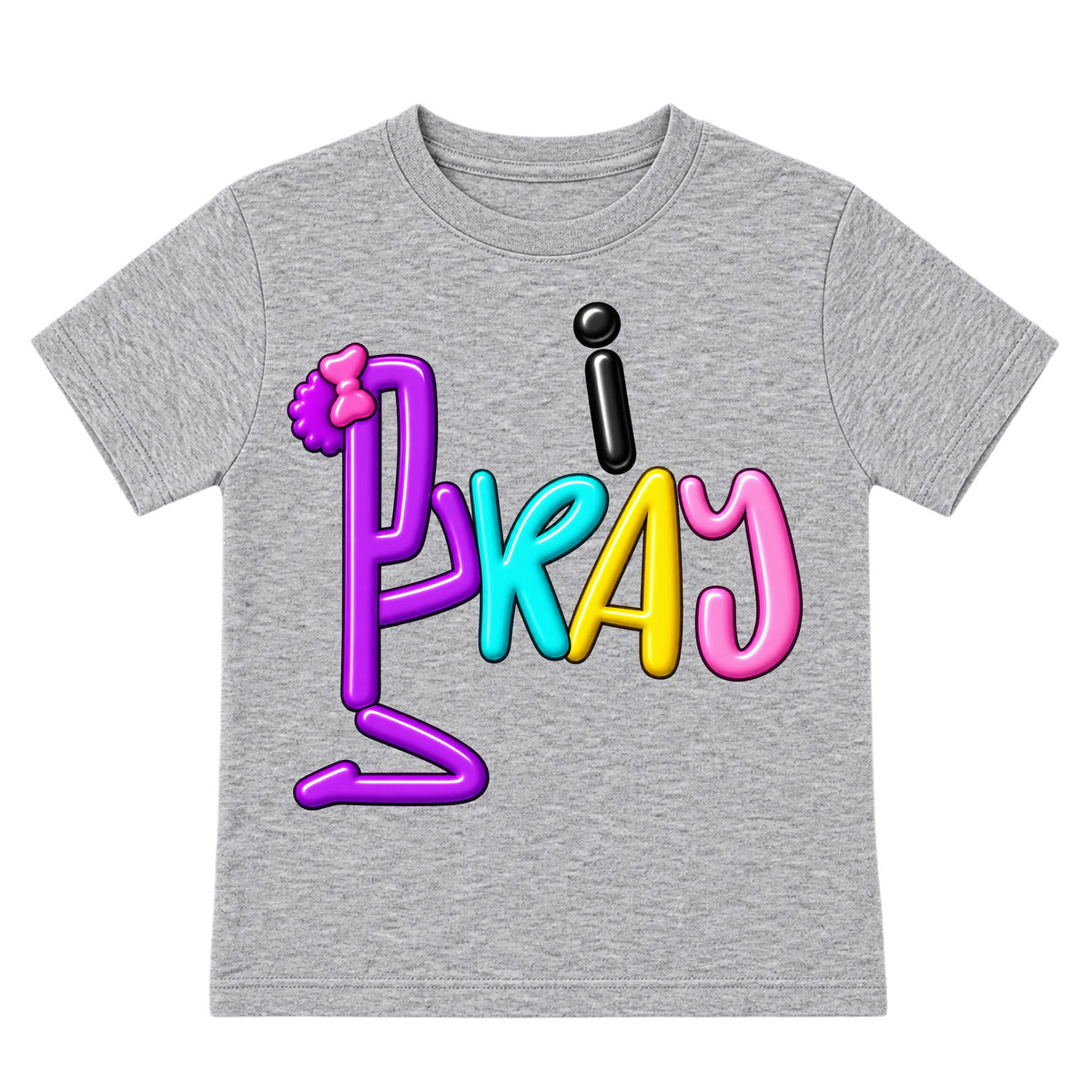 I PRAY kids T-shirt Heather Gray front, Bun profile, EMBOSS