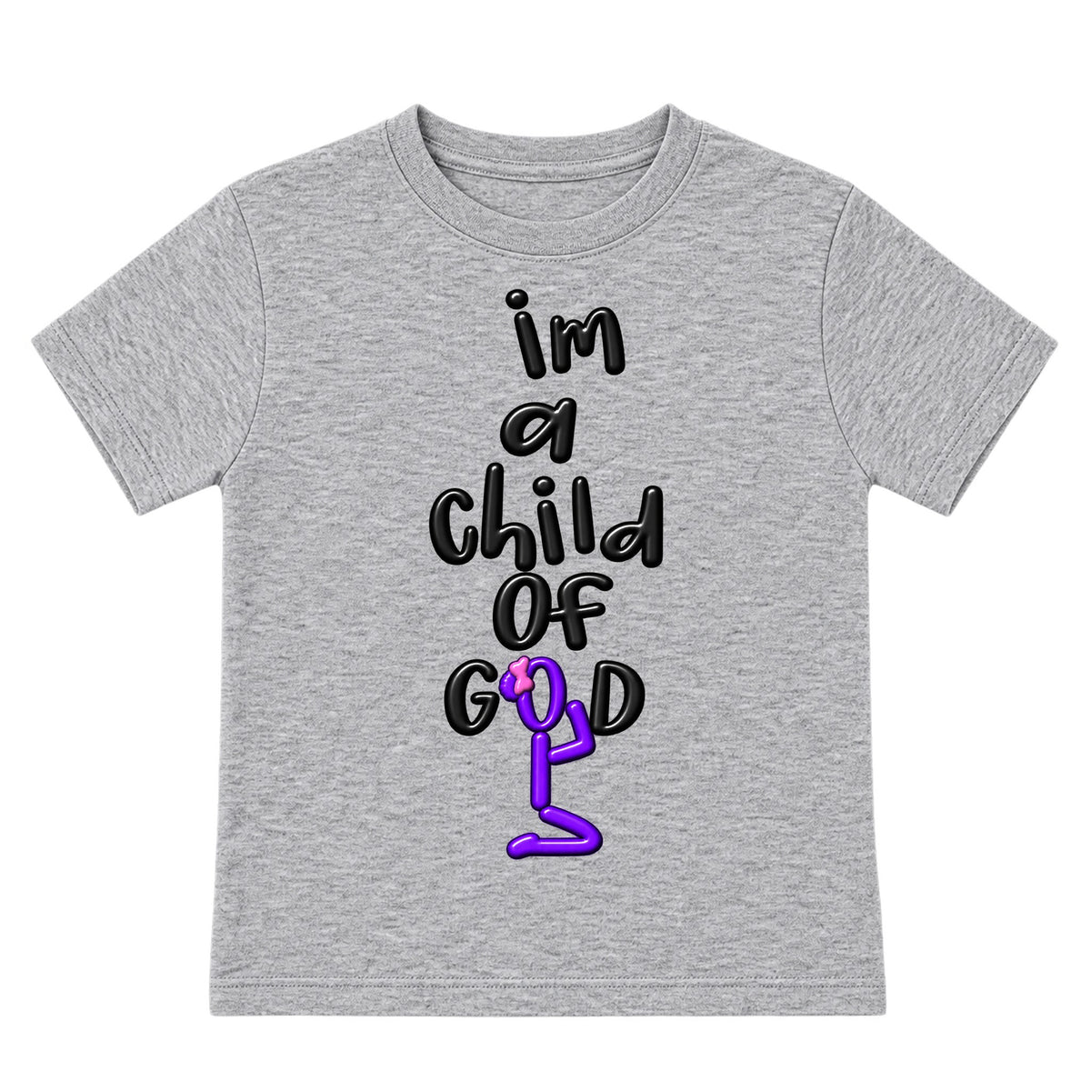 I'M A CHILD OF GOD kids T-shirt Heather Gray front, Bun profile, EMBOSS
