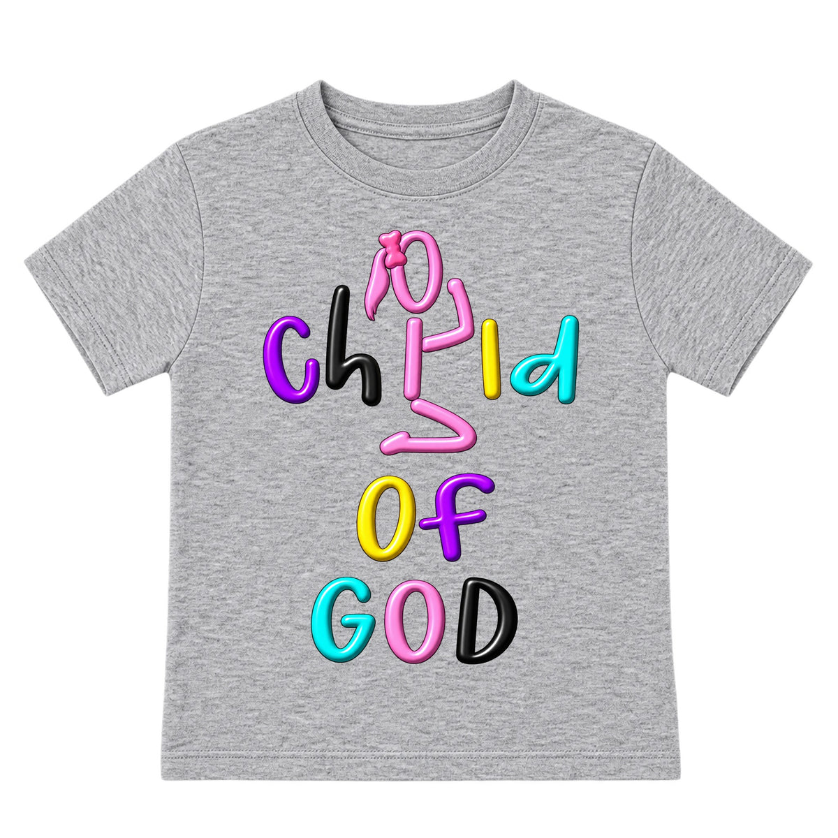 CHILD OF GOD kids T-shirt Heather Gray front, Ponytail profile, EMBOSS