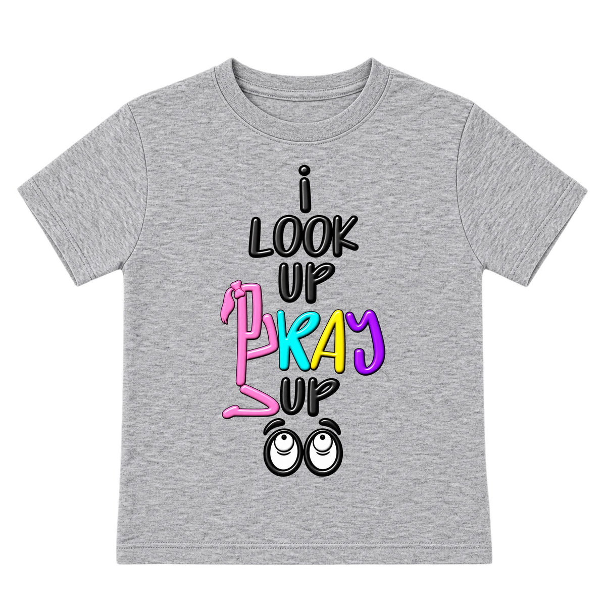 I LOOK UP PRAY UP kids T-shirt Heather Gray front, Ponytail profile, EMBOSS