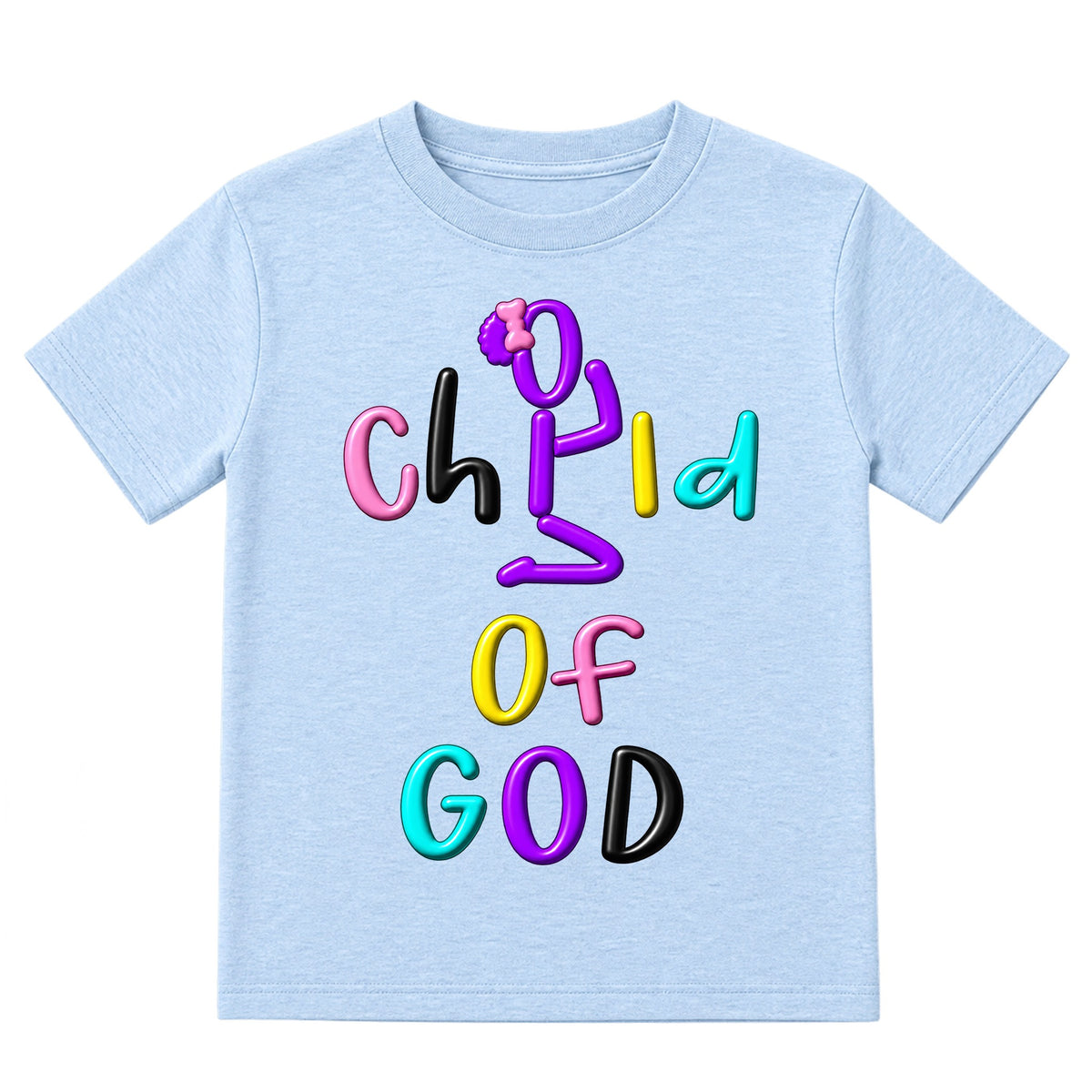 CHILD OF GOD kids T-shirt Ice Blue front, Bun profile, EMBOSS