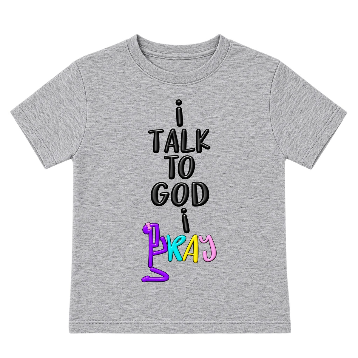 I TALK TO GOD kids T-shirt Heather Gray front, Bun profile, EMBOSS