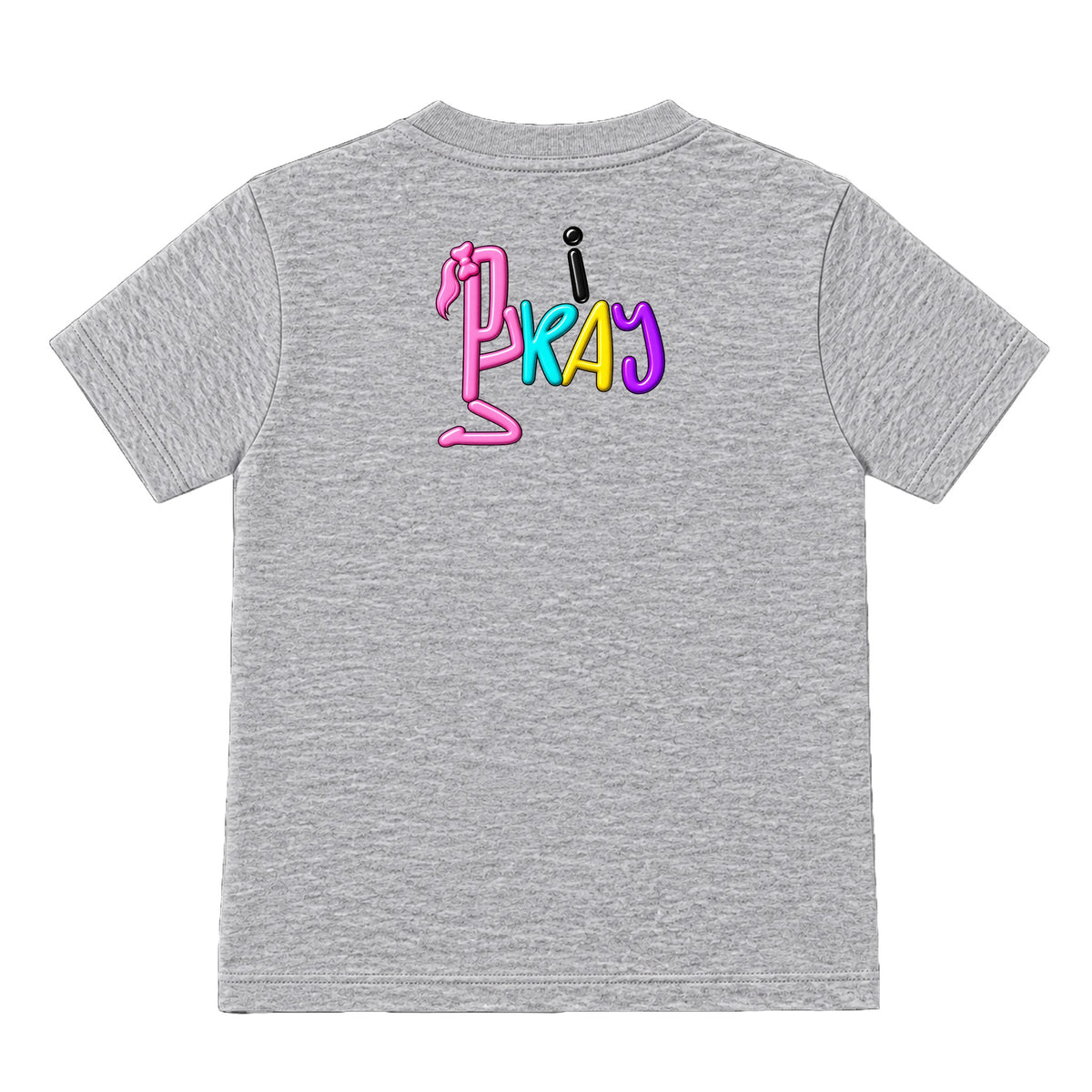 i PRAY kids T-shirt Heather Gray back, Ponytail profile
