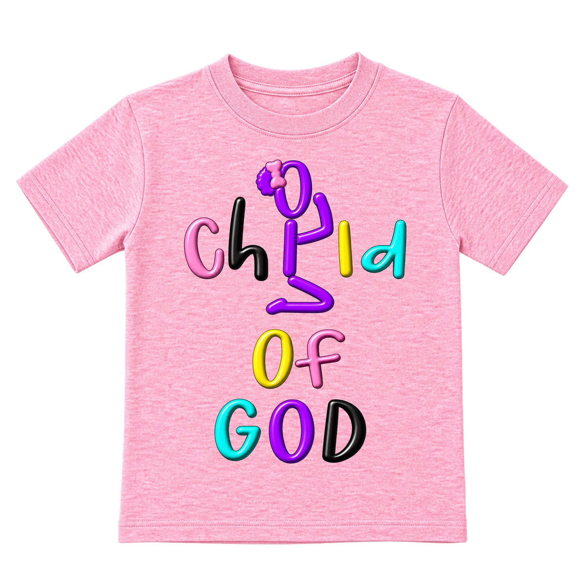 CHILD OF GOD kids T-shirt Cotton Candy Pink front, Bun profile, EMBOSS