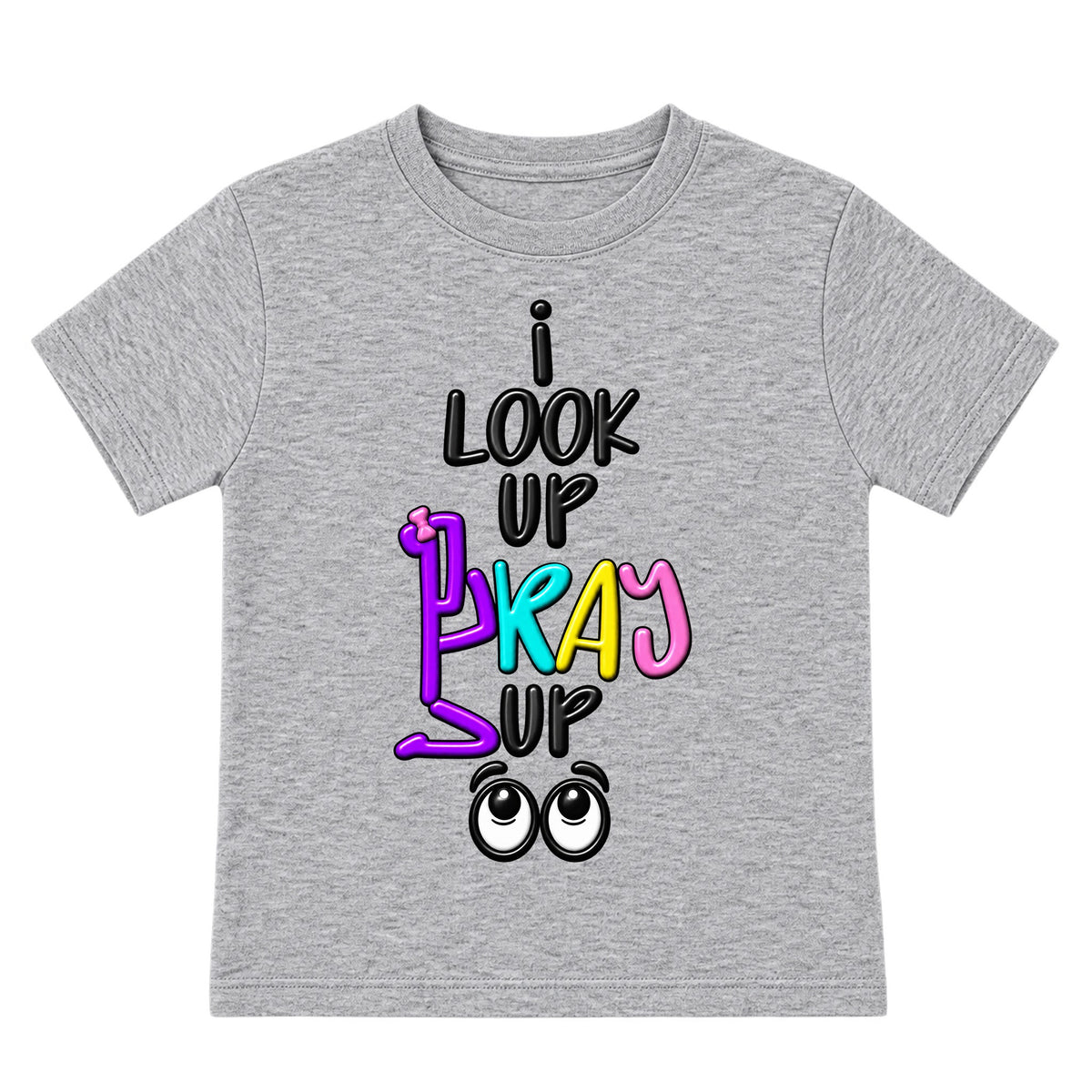 I LOOK UP PRAY UP kids T-shirt Heather Gray front, Bun profile, EMBOSS