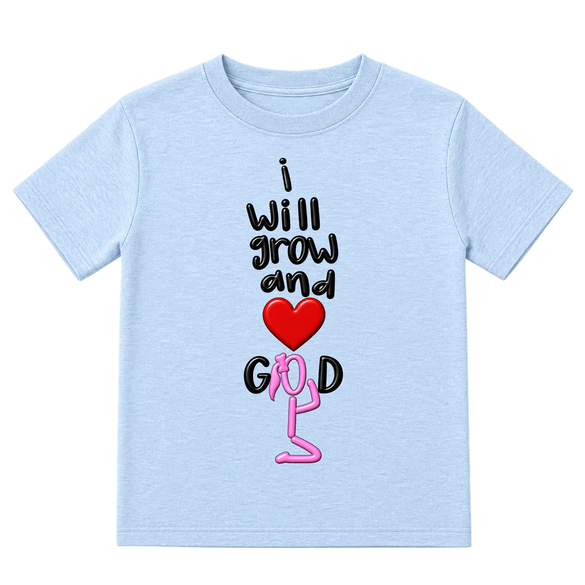 I WILL GROW AND LOVE GOD kids T-shirt Ice Blue front, Ponytail profile, EMBOSS