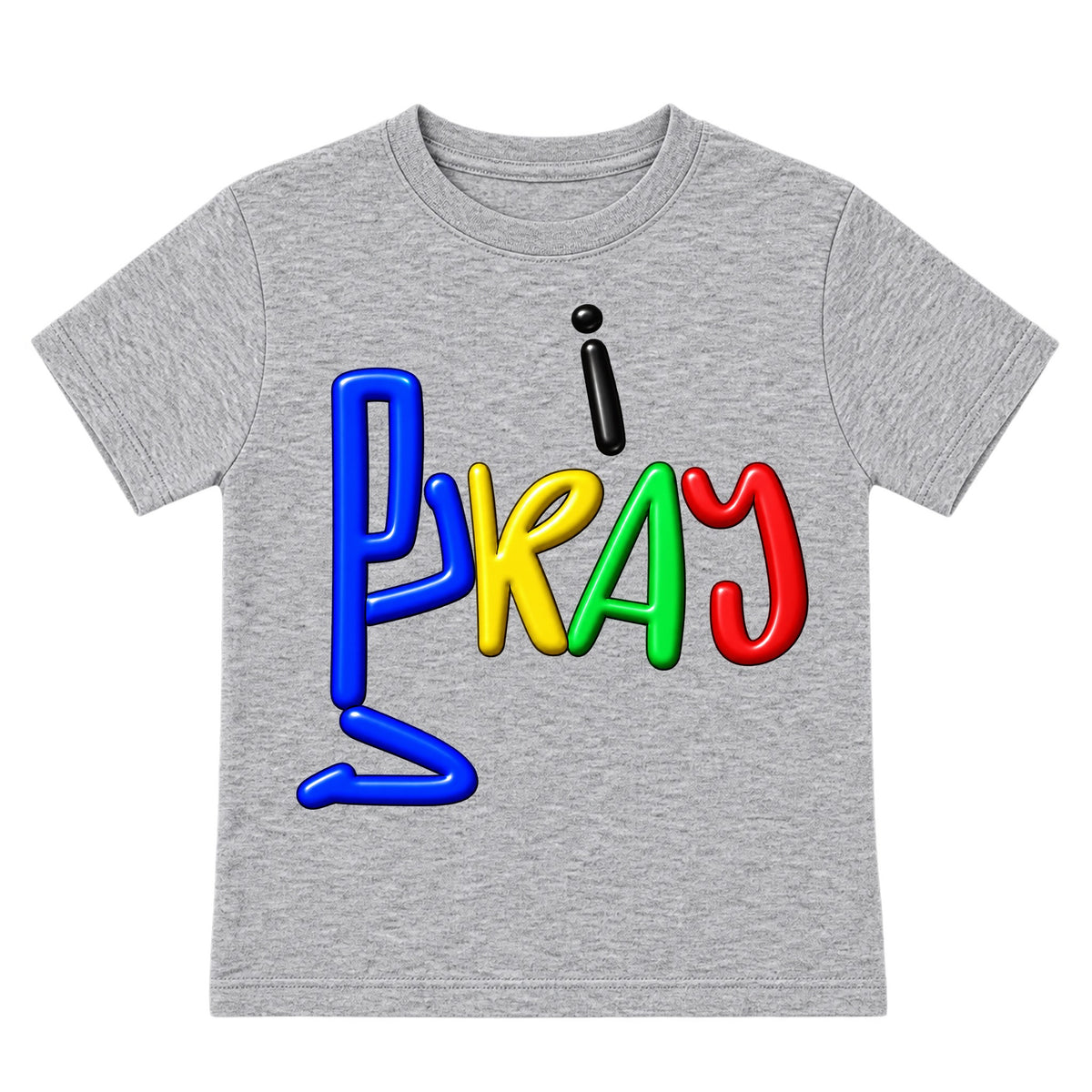 I PRAY kids T-shirt Heather Gray front, Original profile, EMBOSS